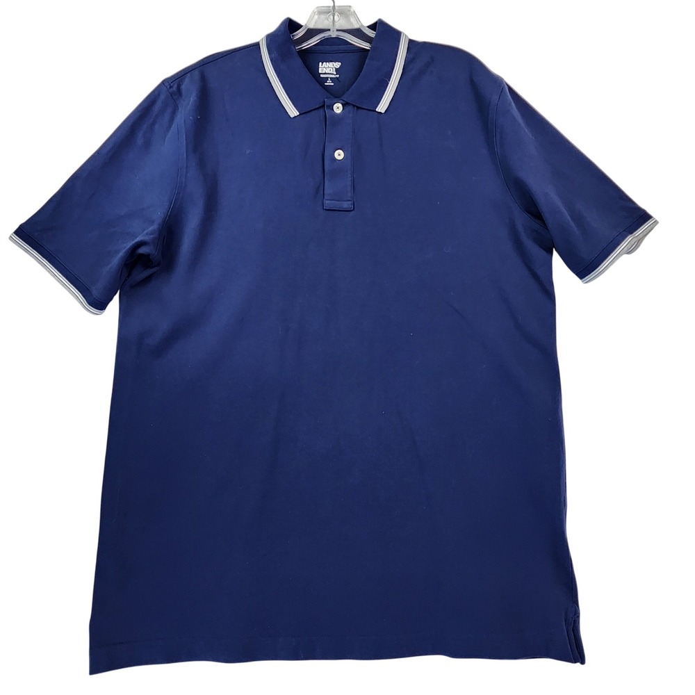 Lands End Large Blue Super-T Polo Shirt Short Sleeve Tipped Collar Classic